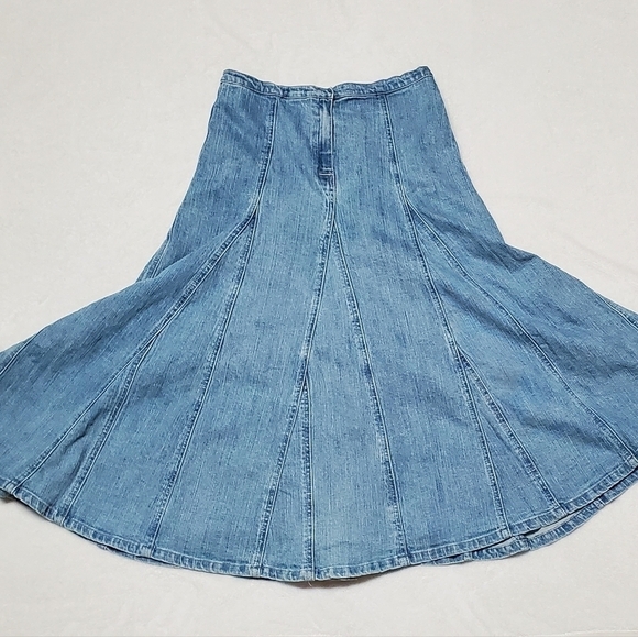 VINTAGE 1990s Light Wash Stone Wash High Rise Stretchy Midi Denim Panel Skirt M - Picture 8 of 11